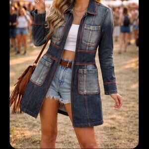 DKNY Womens Vintage Longline Denim Coat Red Piping Dark Wash Snap Front Size 12